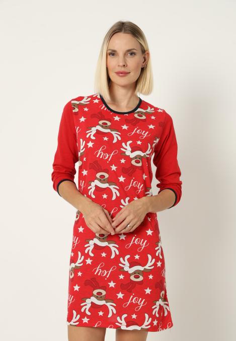 Camasa de noapte Craciun,imprimeu reni,culoare rosu ,En-gros